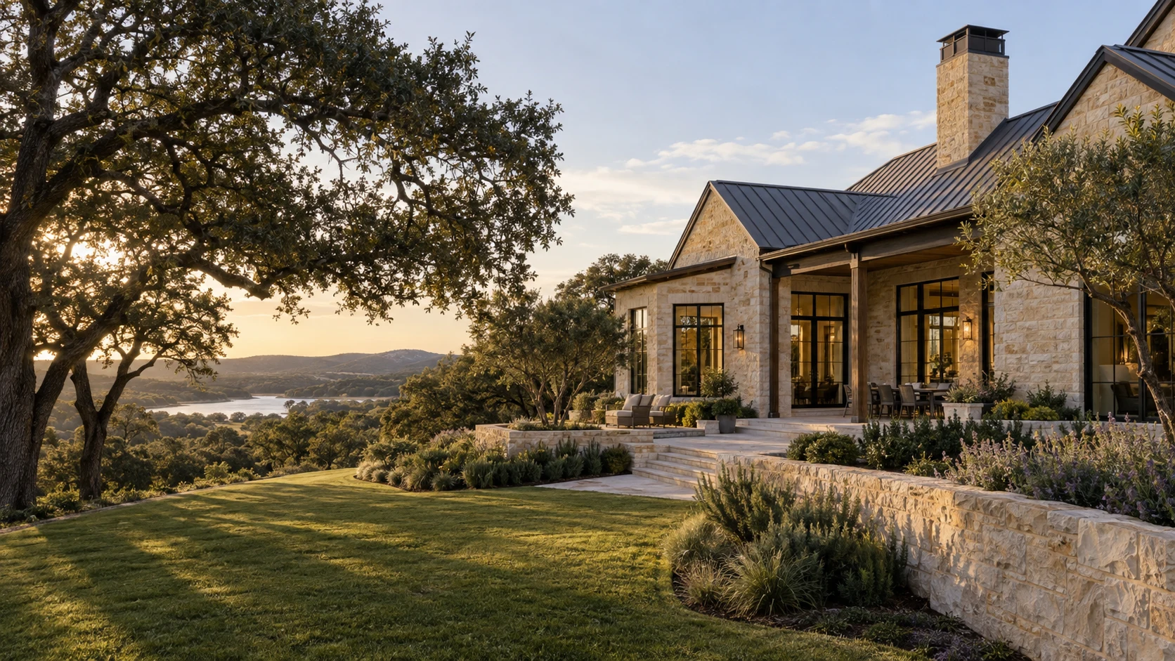 Completed luxury limestone home overlooking a scenic lake and rolling hills